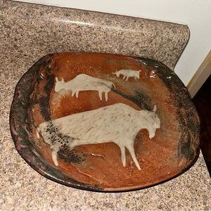 Handcrafted Plate Bowl with Buffalo Animal Design. Large, rare, vintage, signed